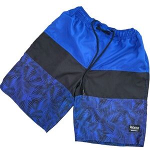 TESLA Men's Blue and Black Patterned Lined Drawstring Swim Shorts Trunks, Size M